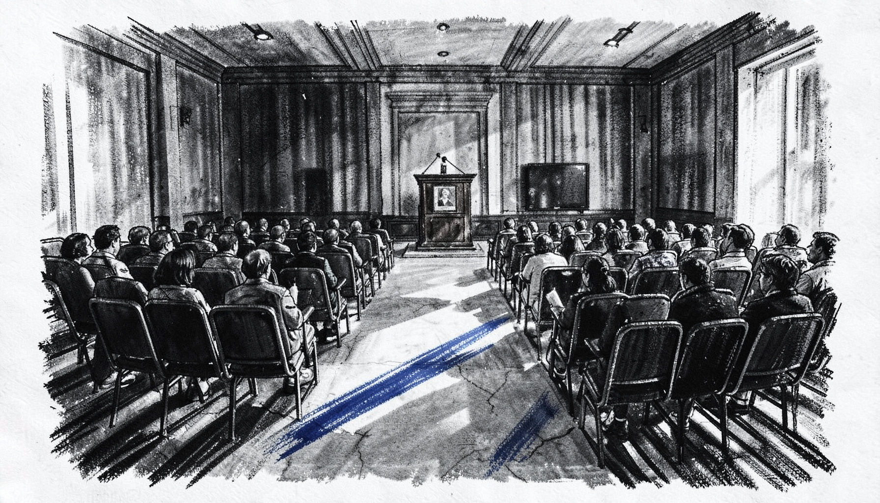 A bold charcoal drawing of a large conference room with rows of chairs facing a speaker at a podium, strong diagonal shadows cutting across the floor, deep blacks and soft greys conveying a serious, focused atmosphere.